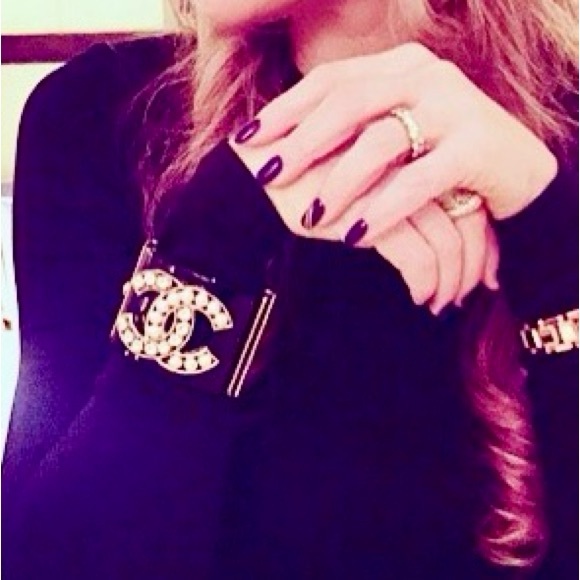 CHANEL Black Resin Crystal and Faux Pearl CC Wide Cuff Bracelet - Picture 3 of 10